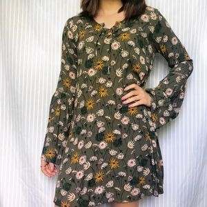 Olive green floral print tie front dress
